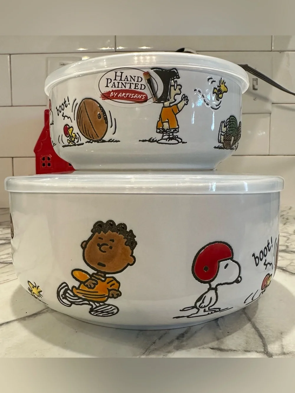 Peanuts Snoopy Football Ceramic Serving Bowl - White with Red Accents with lids.